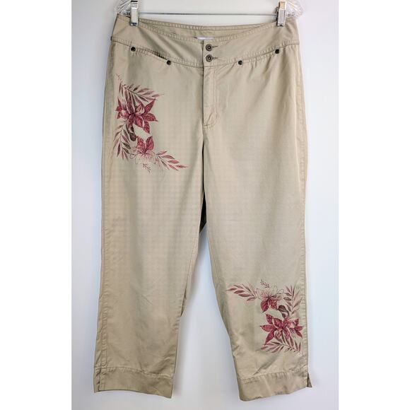 Liz Claiborne Lizwear Jeans Audra Cropped Khaki Pants Size 12 Pink Floral Accent - Picture 2 of 9